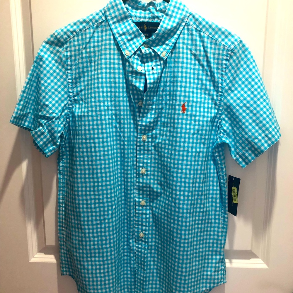 Boys Ralph Lauren size L (14/16) Gingham blue/white. New with tag